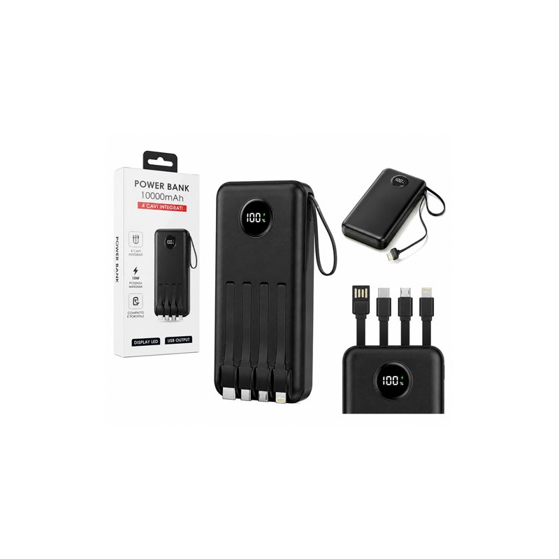 Power bank 10000mAh con quattro cavi integrati USB, USB-C, Micro-USB e Lightning