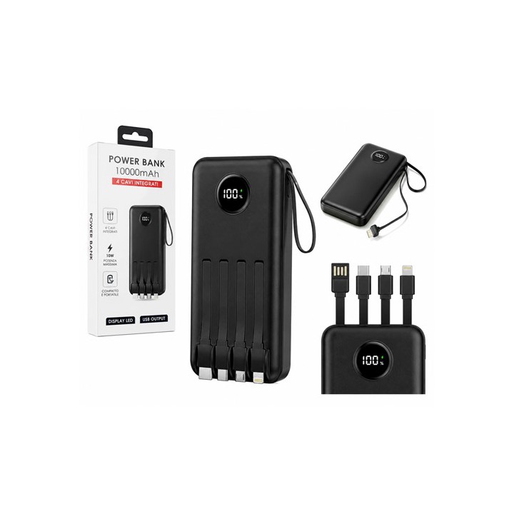 Power Bank 10000mAh con 4 Cavi Integrati