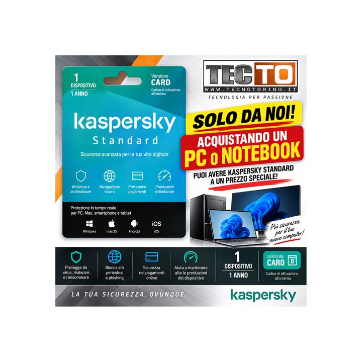 Kaspersky Standard 1 dispositivo 1 anno CARD – PROMO con PC