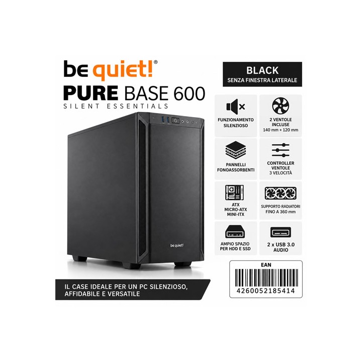 Case ATX Mid-Tower be quiet! Pure Base 600 Black Silenzioso con 2 Ventole