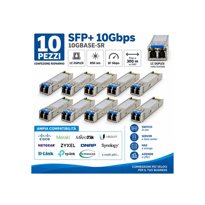 Modulo Fibra Ottica SFP+ 10Gbps 10GBASE-SR LC Duplex 850nm 300m – Confezione 10 Pezzi