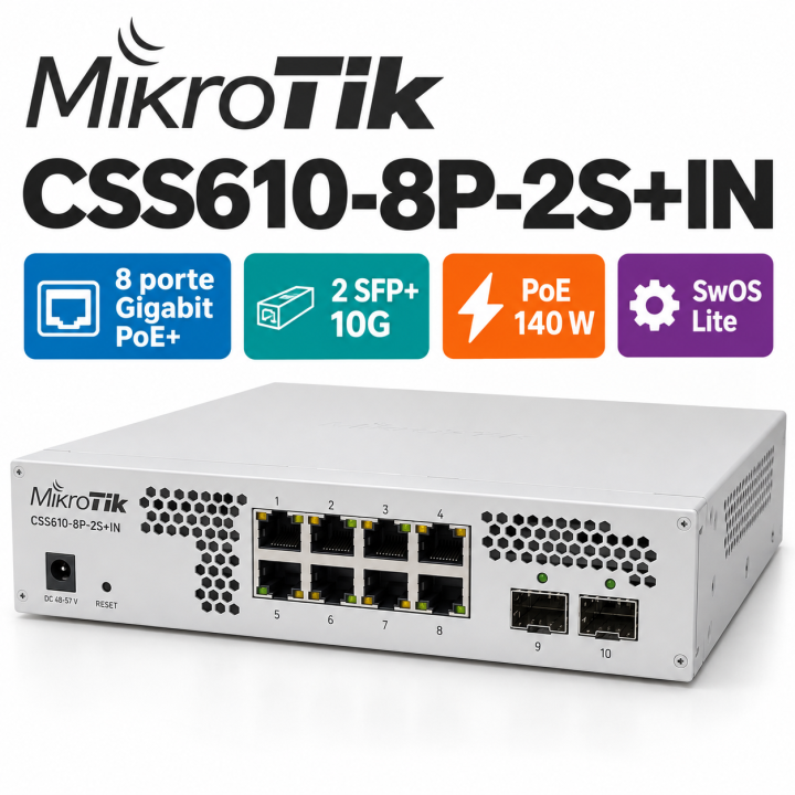 Switch MikroTik CSS610-8P-2S+IN 8 Porte Gigabit PoE+ 2 SFP+ 10G SwOS Lite