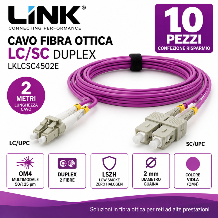 Confezione 10 Cavi Fibra Ottica LC/SC Duplex OM4 50/125 2m LSZH