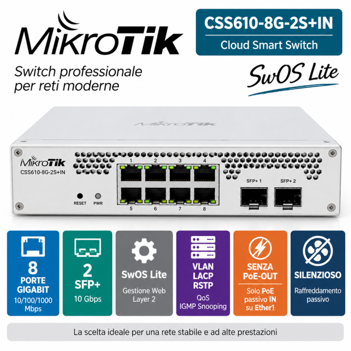 Switch MikroTik CSS610-8G-2S+IN 8 Gigabit 2 SFP+ 10G SwOS Lite