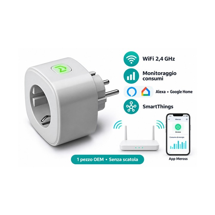 Presa Smart WiFi Schuko Meross 16A Monitoraggio Consumi Grigia OEM Senza Scatola