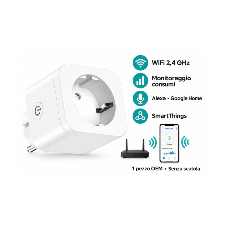 Presa Smart WiFi Schuko Meross 16A Monitoraggio Consumi Bianca OEM Senza Scatola
