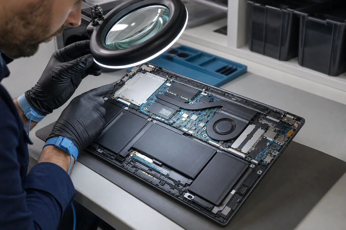 Controllo interno di un notebook con possibile danno da liquido