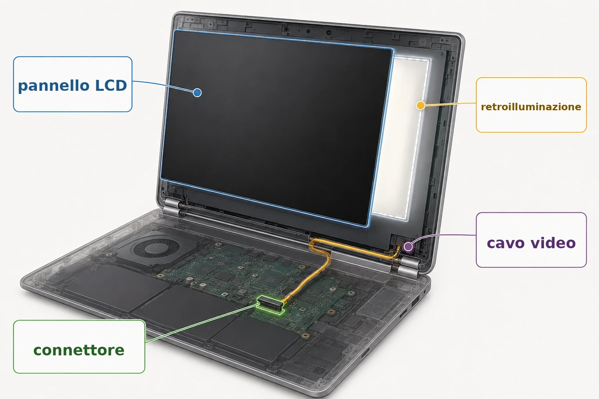 Percorso video interno di un notebook con display LCD Schema del pannello LCD, della retroilluminazione e del cavo video di un notebook