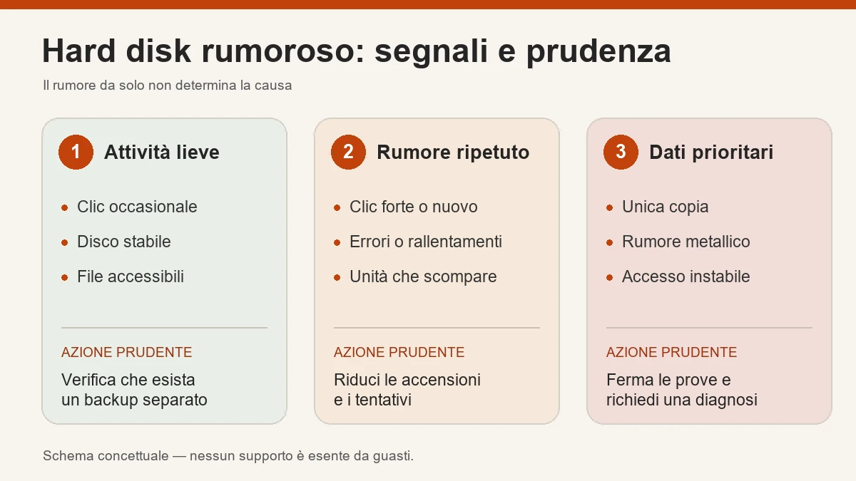 Schema dei segnali di un hard disk e delle azioni prudenti.