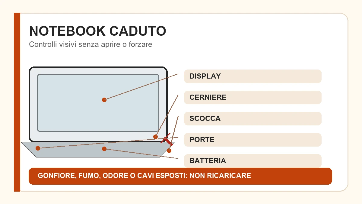 Schema dei controlli visivi da fare dopo la caduta di un notebook.