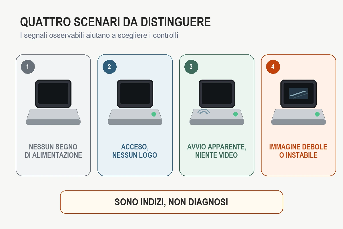 Quattro scenari tra notebook spento, mancato POST, assenza video e immagine debole sul display