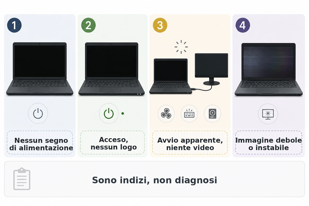 Quattro scenari da distinguere quando il notebook ha lo schermo nero Quattro scenari tra notebook spento, mancato POST, assenza video e immagine debole sul display