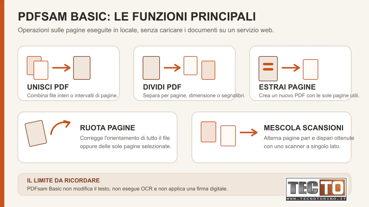 Schema delle funzioni per unire, dividere, estrarre, ruotare e mescolare pagine con PDFsam Basic