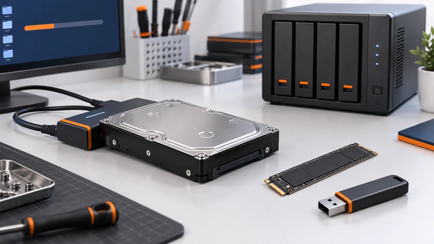Illustrazione di hard disk, SSD, chiavetta USB e NAS su una postazione di diagnosi