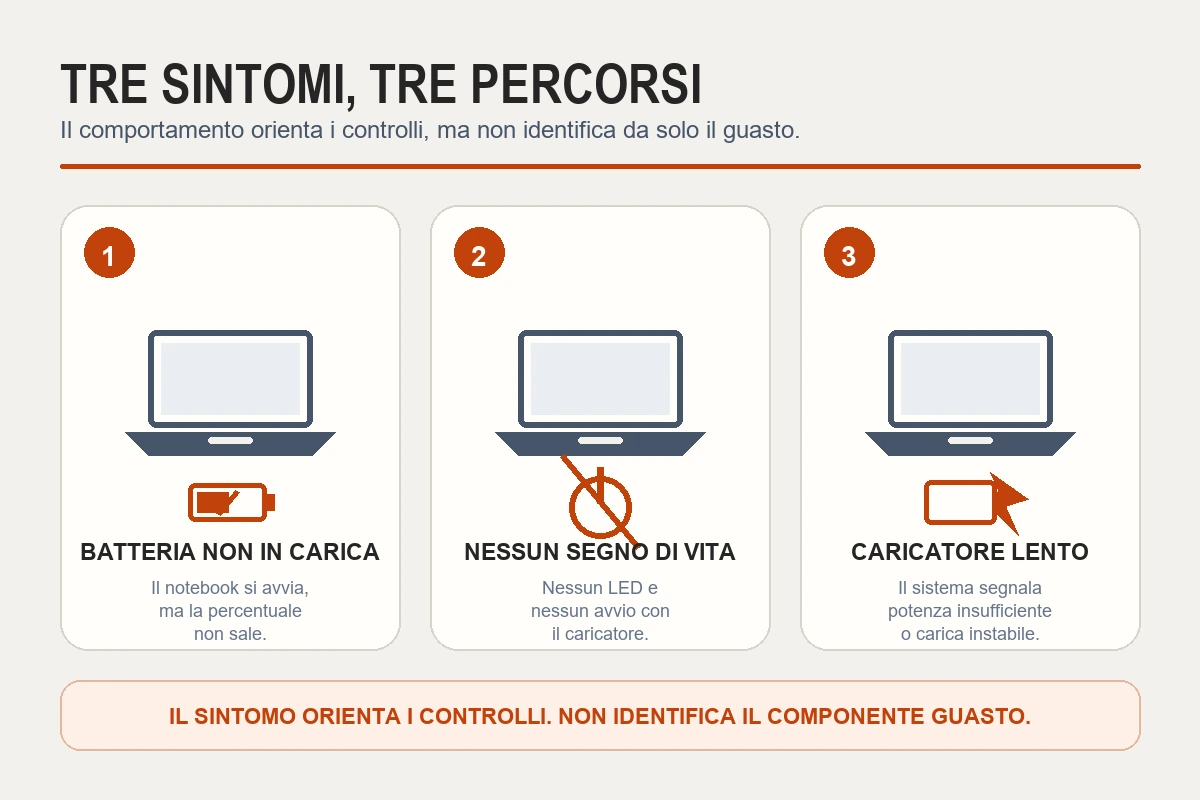 Tre sintomi di alimentazione e ricarica di un notebook