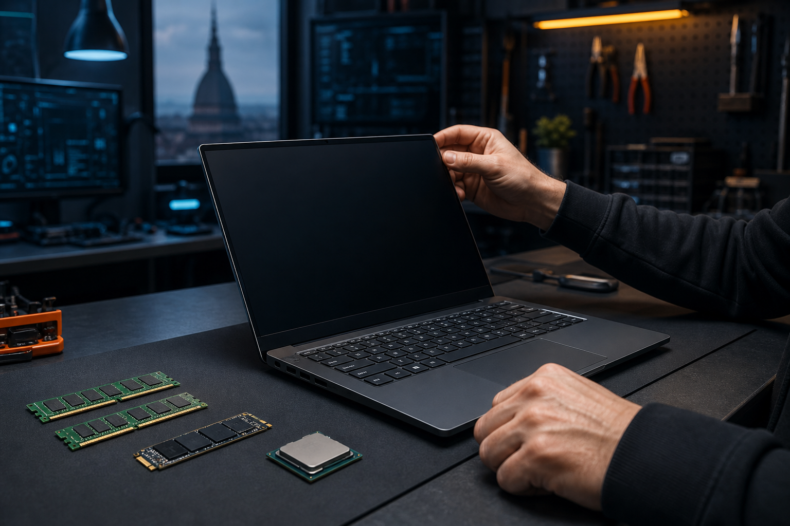 Scelta di un notebook con RAM, SSD NVMe e processore su banco tecnico TecnoTorino