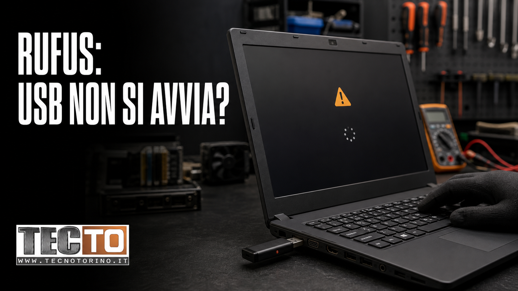 Notebook in laboratorio con chiavetta USB inserita e schermata generica di errore di avvio
