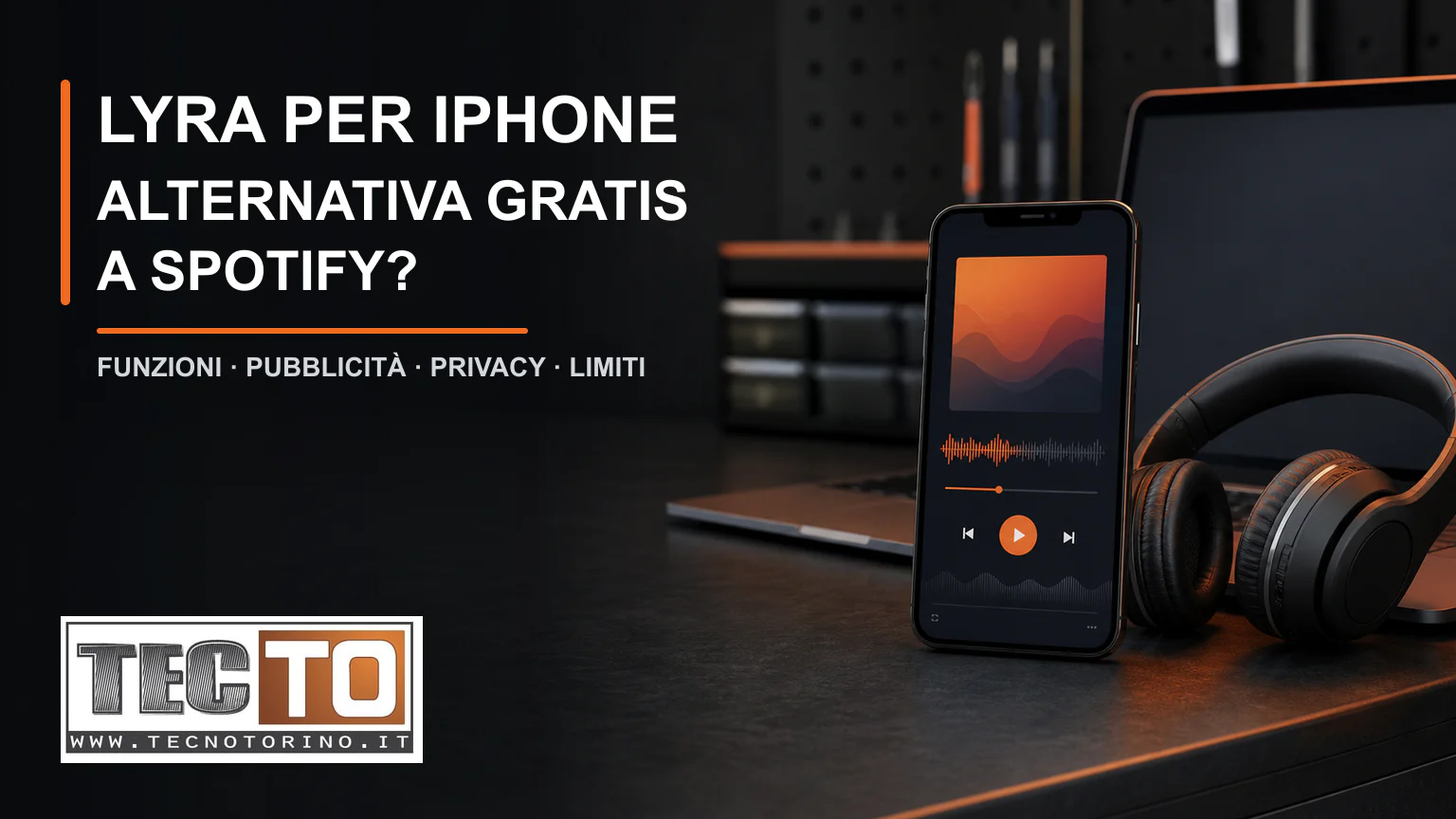 Smartphone con lettore musicale, notebook e cuffie per la guida a Lyra su iPhone