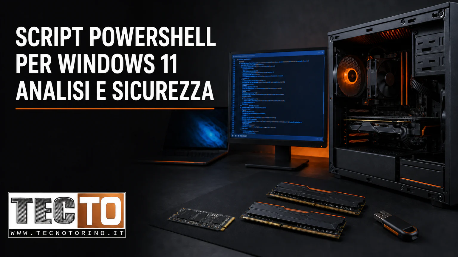 PC desktop, notebook e componenti durante l’analisi di uno script PowerShell per Windows 11