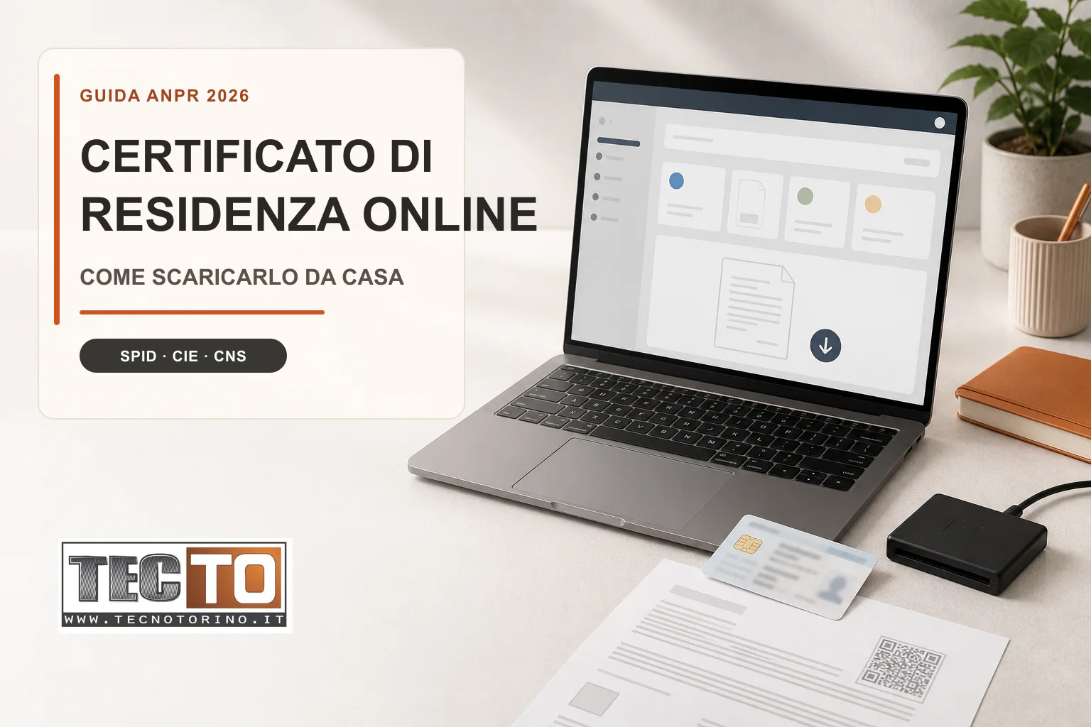 Certificato di residenza online da ANPR su notebook con carta elettronica e lettore