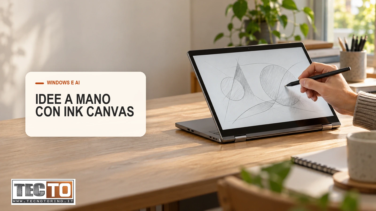 Illustrazione di un PC touch con penna digitale e appunti generici, generata con AI.