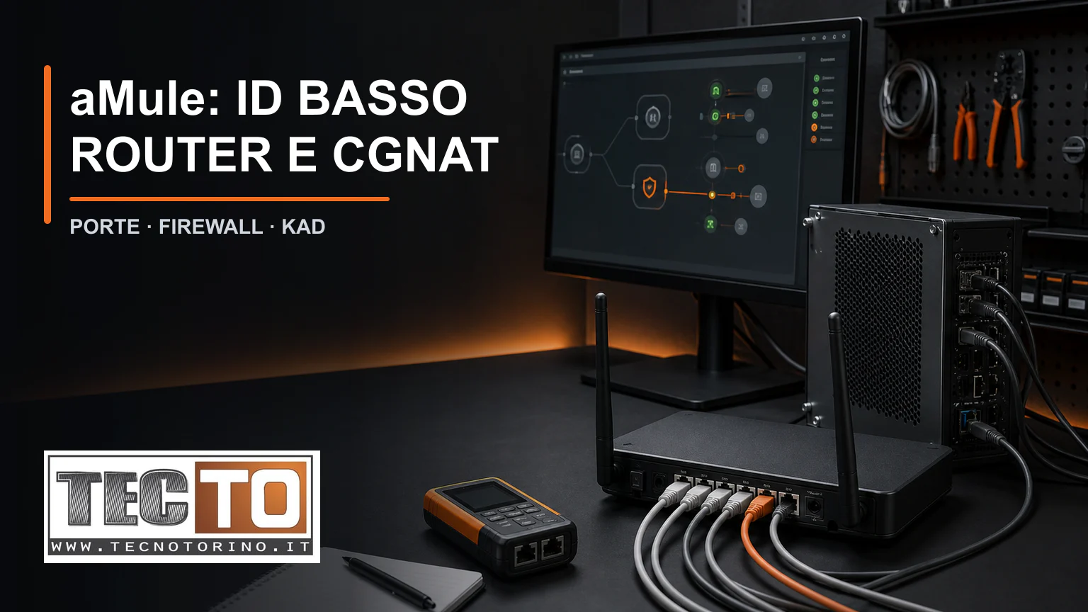 Router e computer durante la diagnosi di ID basso, porte e CGNAT per aMule