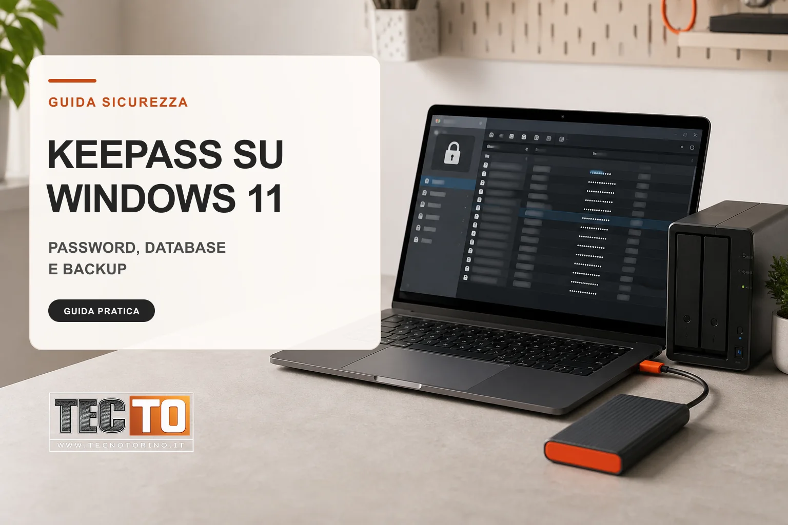 Notebook Windows con archivio password cifrato, NAS e SSD esterno per il backup del database KeePass