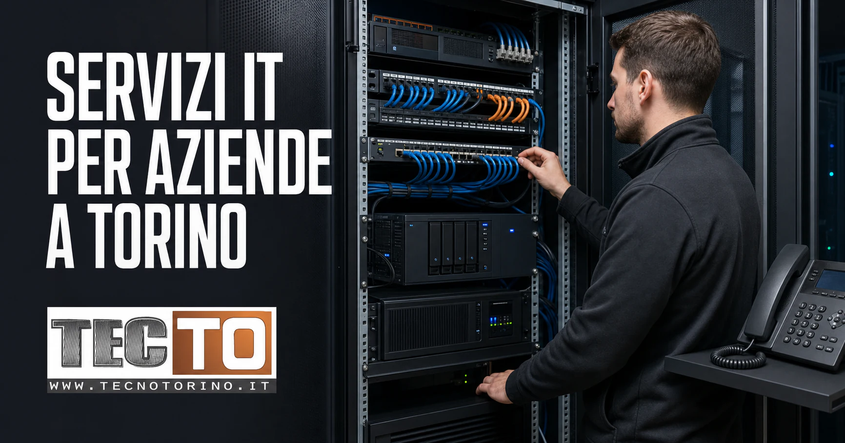 Tecnico controlla rack, switch, server NAS e telefono VoIP per un’azienda