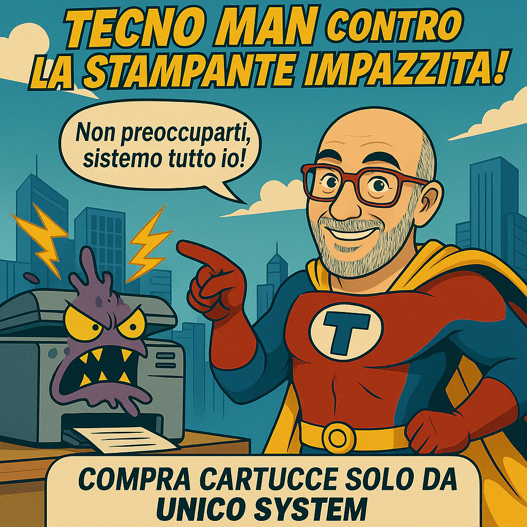 TecnoMan accanto a una stampante bloccata che espelle un foglio