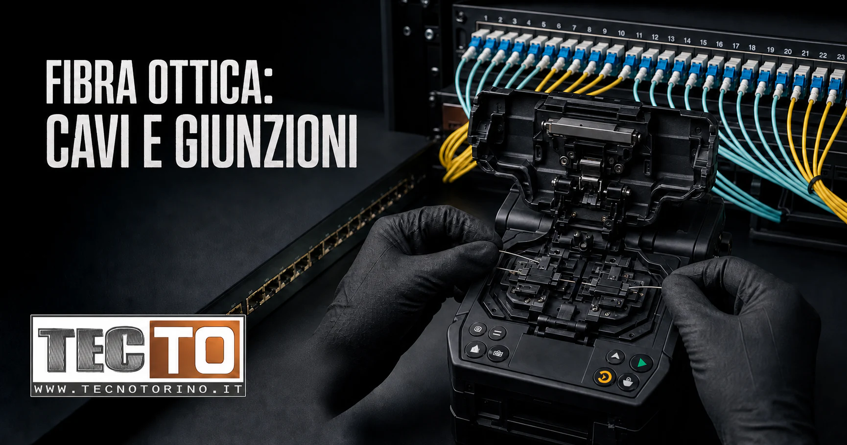 Tecnico prepara due fibre in una giuntatrice accanto a un patch panel ottico