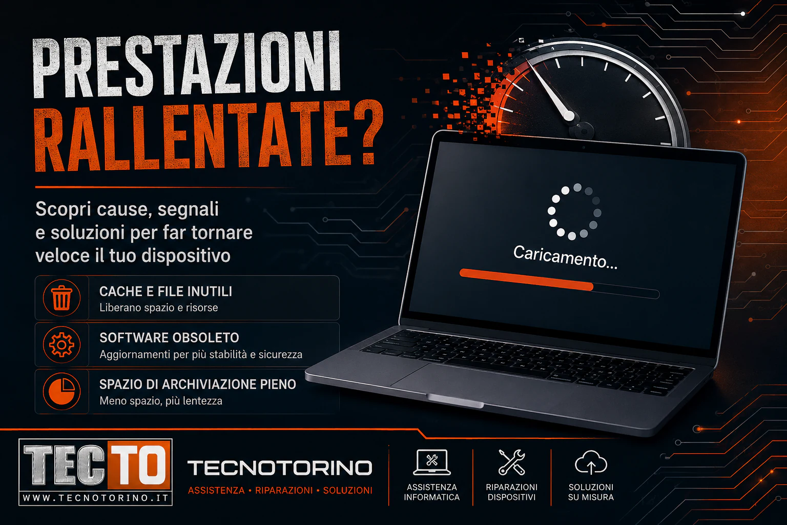 Notebook lento con schermata di caricamento e grafica TecnoTorino