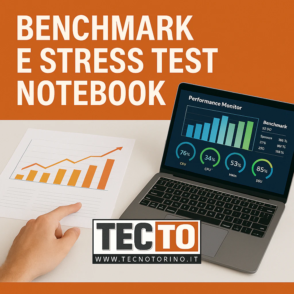 Notebook con schermata di monitoraggio per benchmark e stress test
