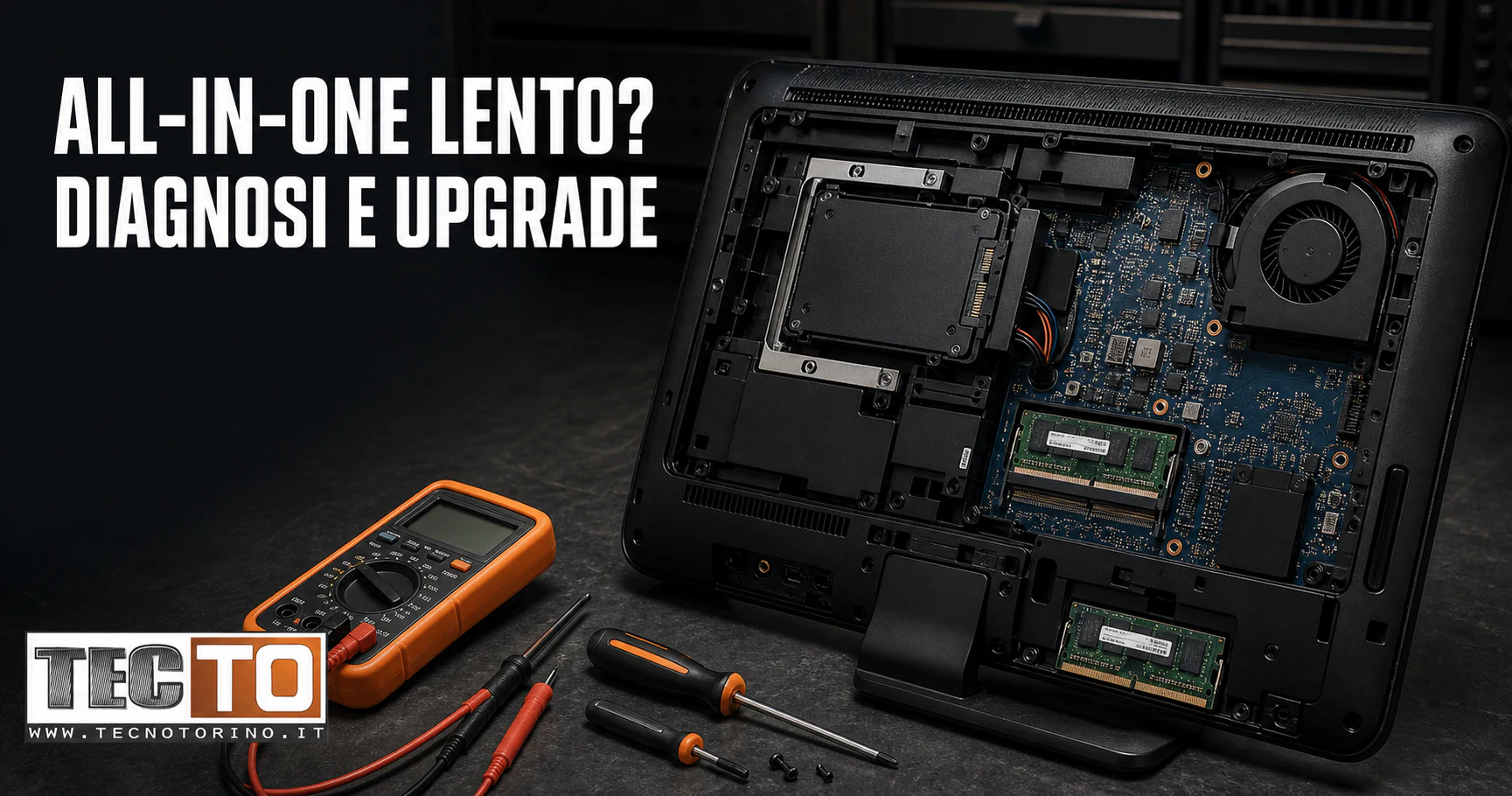 Diagnosi di un computer all-in-one aperto con SSD e memoria visibili nel laboratorio TecnoTorino