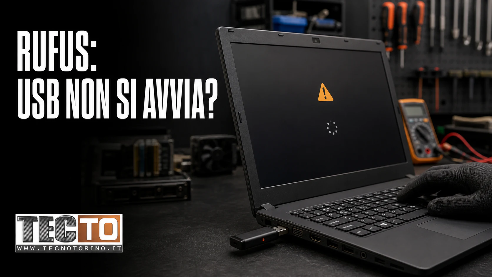 Notebook in laboratorio con chiavetta USB inserita e schermata generica di errore di avvio