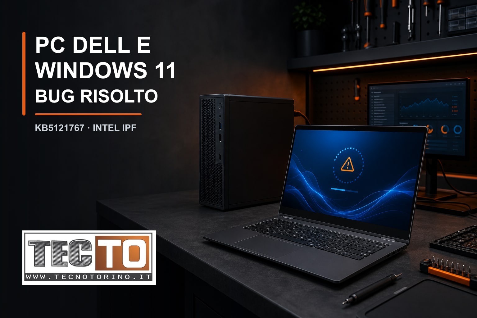 Notebook e PC desktop durante la diagnosi del bug Windows 11 KB5121767 su computer Dell