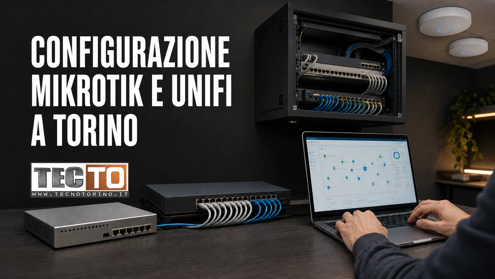Tecnico configura una rete con router, switch gestito e access point per un ufficio a Torino