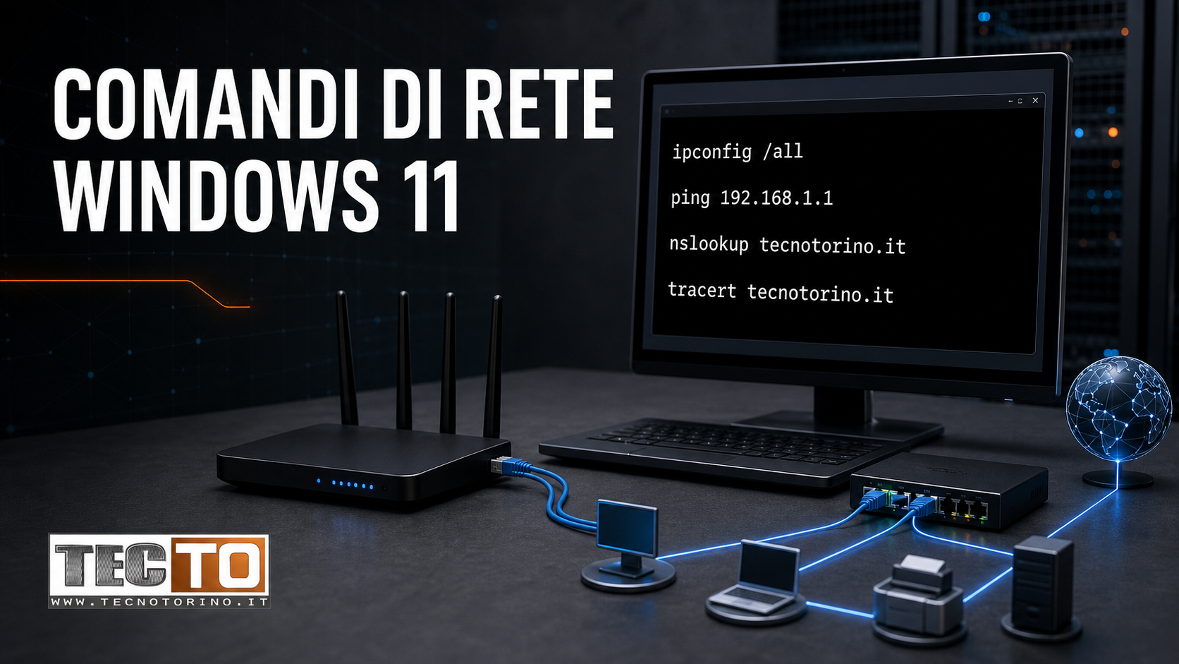 Terminale Windows 11 con comandi ipconfig, ping, nslookup e tracert collegato a una rete locale