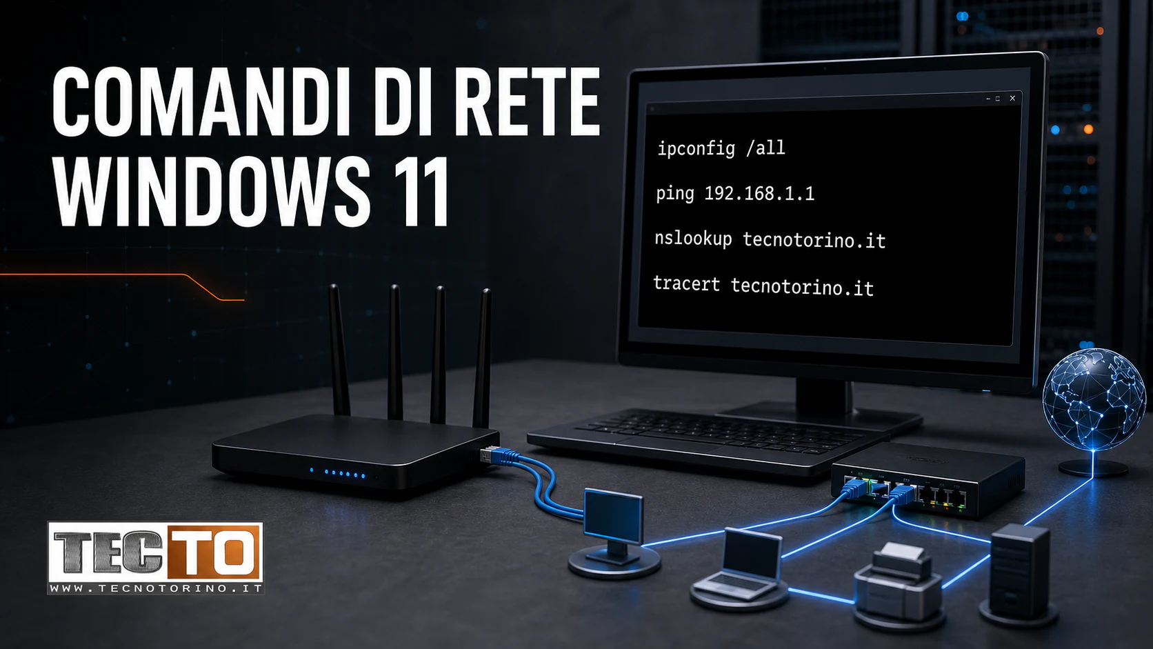 Terminale Windows 11 con comandi ipconfig, ping, nslookup e tracert collegato a una rete locale