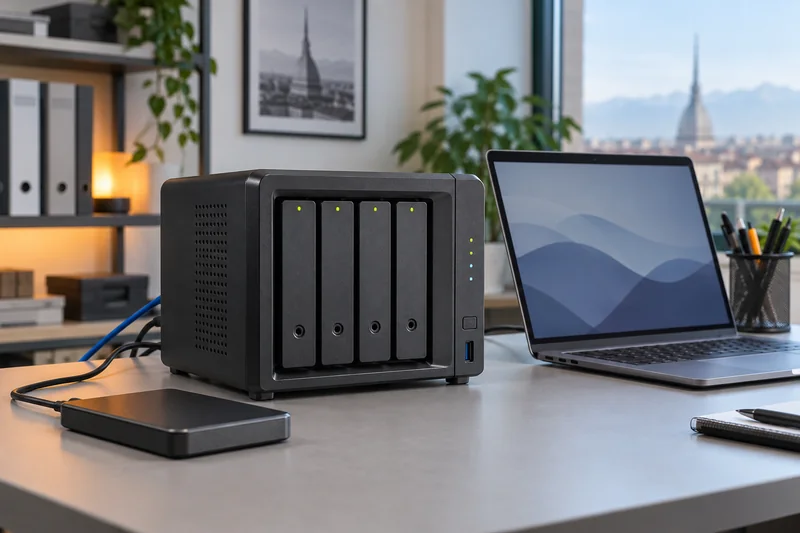 Illustrazione di NAS, disco esterno e notebook per il backup di un ufficio