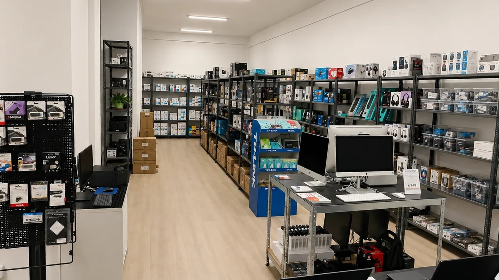 Area operativa TecnoTorino con prodotti informatici e laboratorio tecnico