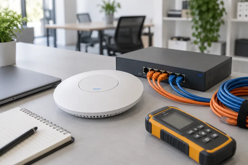 Illustrazione di access point, switch e strumenti per la verifica di una rete aziendale