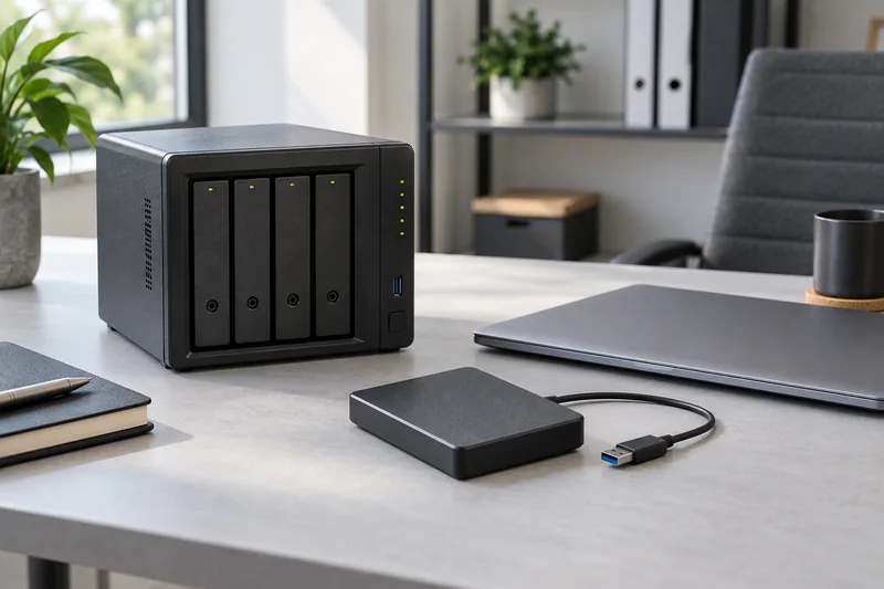 Illustrazione di NAS e unità esterna per backup