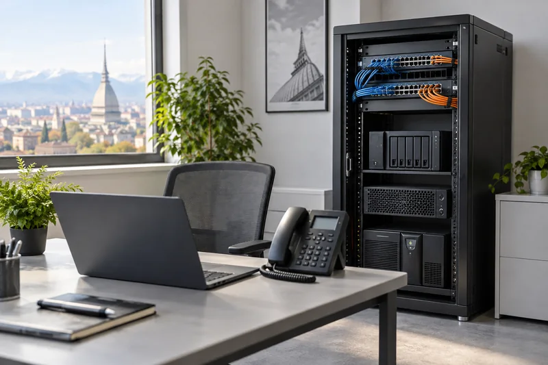 Illustrazione di postazione informatica e infrastruttura di rete