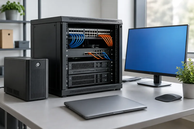 Illustrazione di infrastruttura IT con rack, monitor e UPS