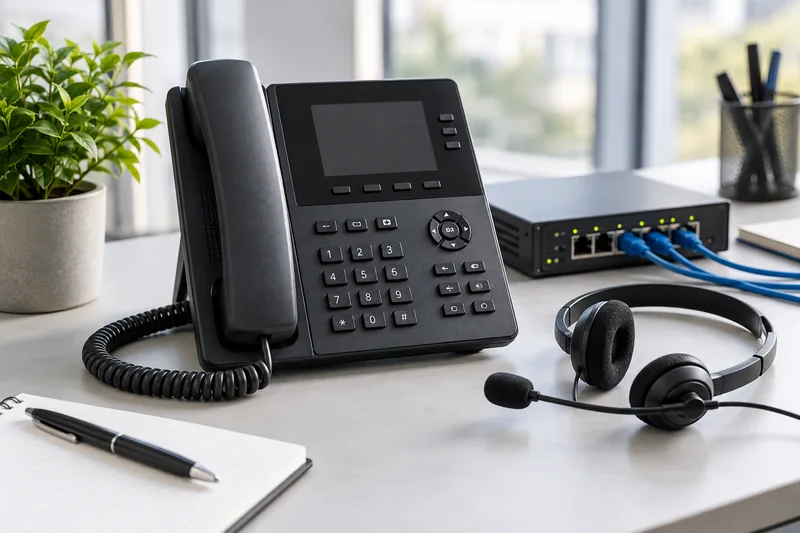 Illustrazione di telefono VoIP, cuffie e switch di rete